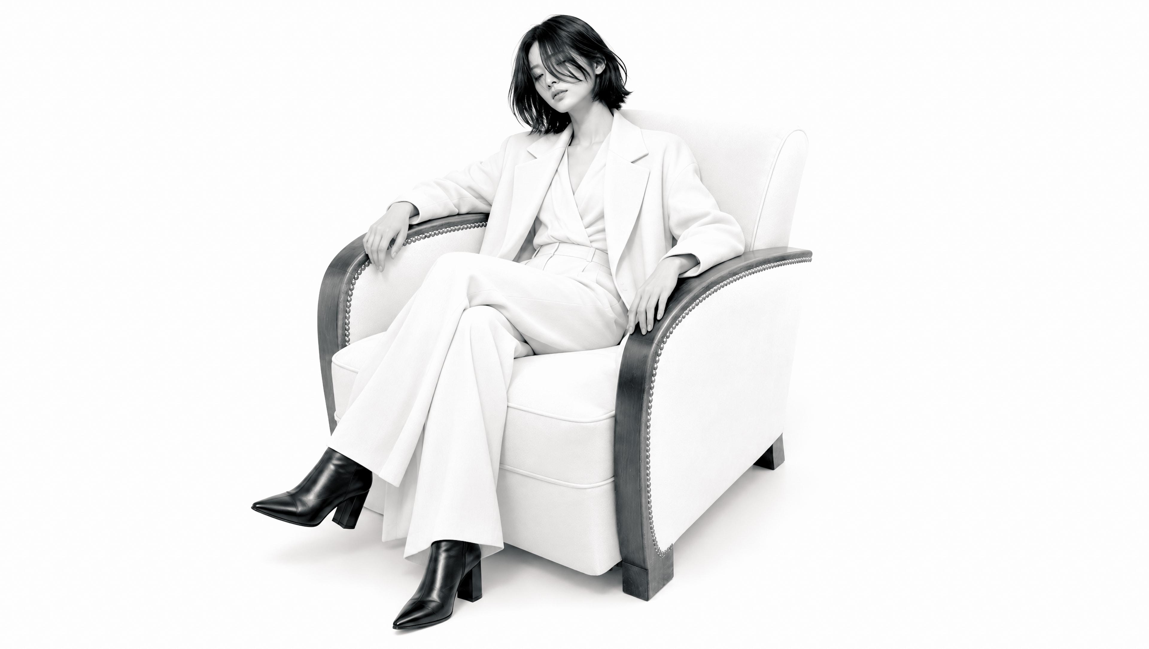 Une femme en tailleur blanc et bottines noires, assise jambes croisées dans un fauteuil club blanc aux accotoirs de bois sombre bordés de clous, sur fond blanc.
